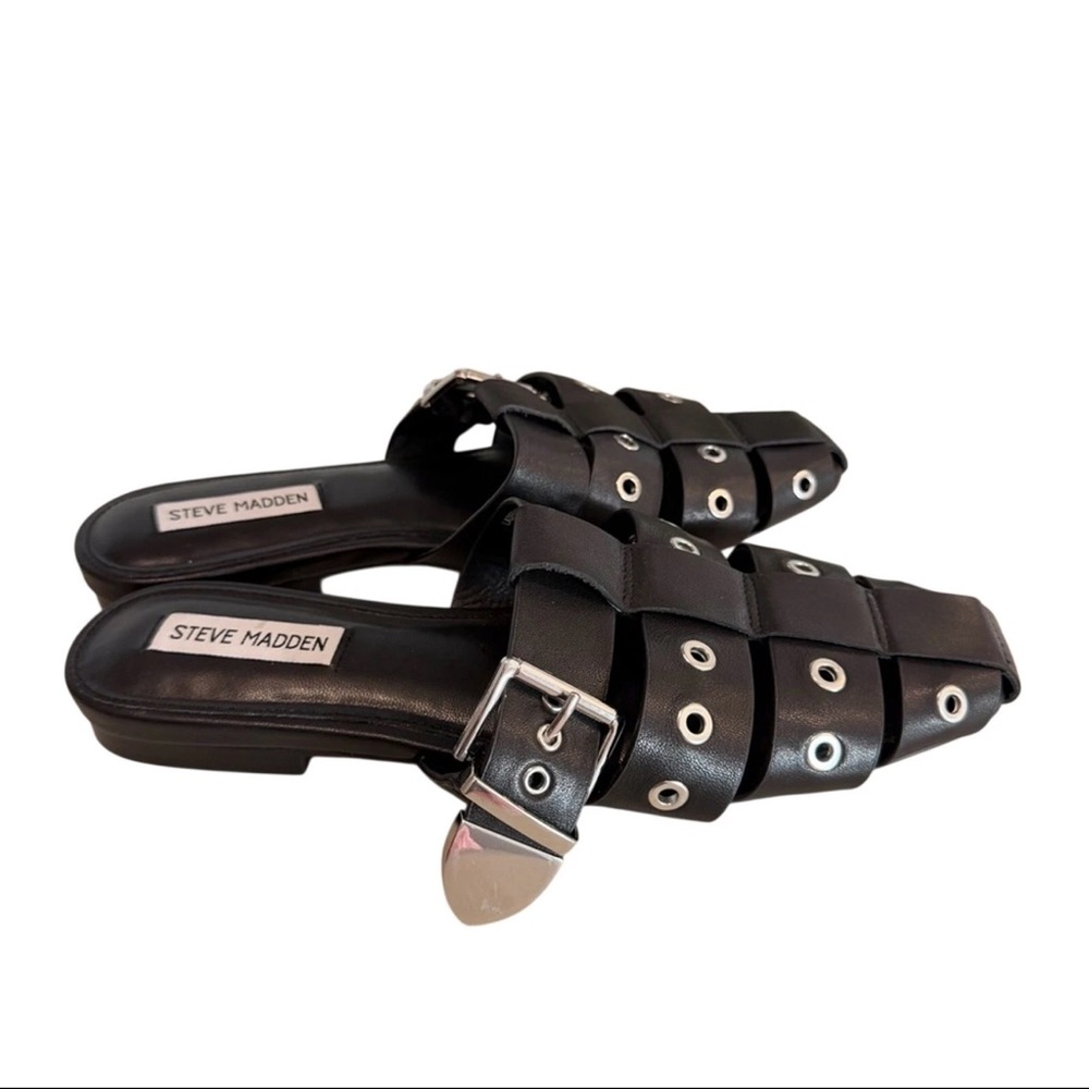 Steve Madden Black Leather Slide Mule with Silver Buckle Accents
